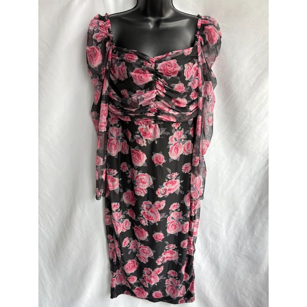 Shein Floral Roses Midi Dress Mesh Overlay Puff Sleeves Size XL Draped Feminine